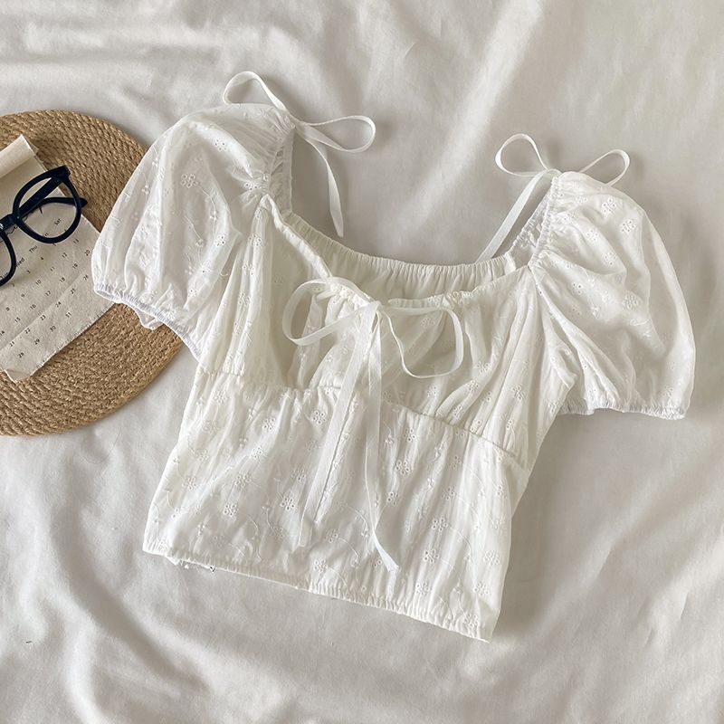 Kamisol renda warna kontras manis Korea + desain serut setelan atasan kemeja pendek ramping