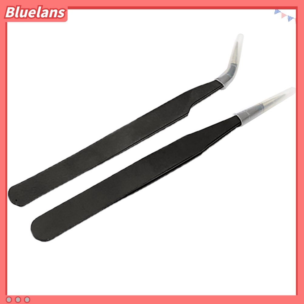 Bluelans 2Pcs Pinset Lurus Melengkung Untuk Nail Art / Extension Bulu Mata