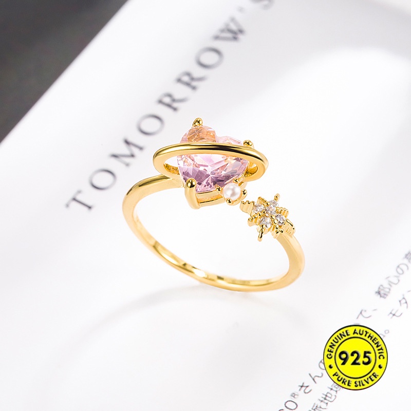 Cincin Model Terbuka Bahan Sterling Silver Gold Plated 18K Hias Zircon Pink Untuk Wanita