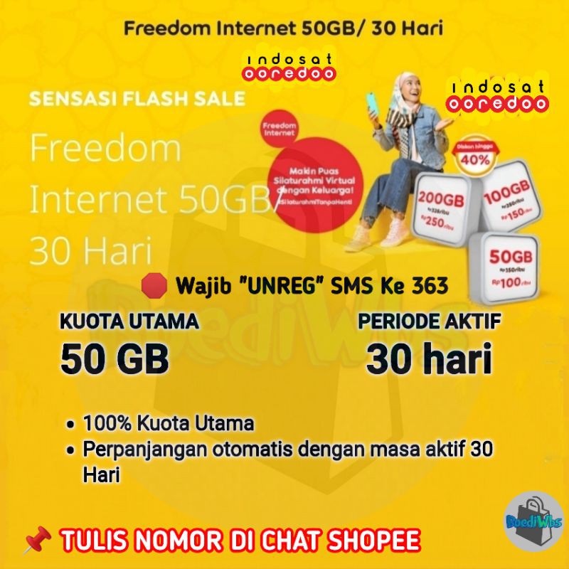 Kuota Indosat Sensasi 50GB Freedom Full Kuota Utama