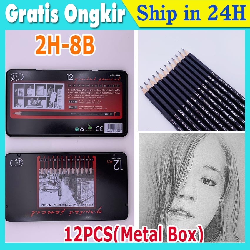 

【Dng Kotak Logam】Pensil gambar sketsa set lengkap 2H- 8B isi 12 pcs Drawing Sketch Pencil