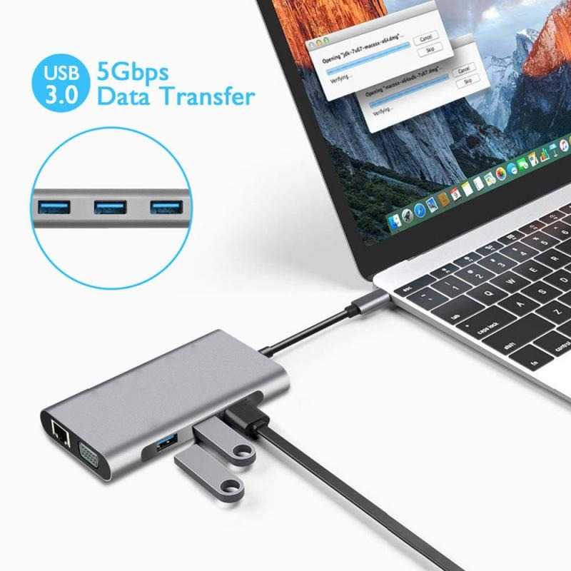 EASYIDEA USB Type C Hub 10in1 HDMI+VGA+USB 3.0+RJ45+Card Reader HB3004-Gray