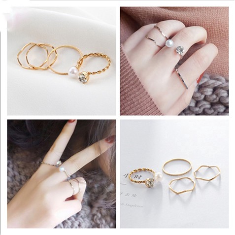 4Pcs / Set Cincin Fashion Terbuka Aksen Berlian Imitasi + Mutiara untuk Wanita