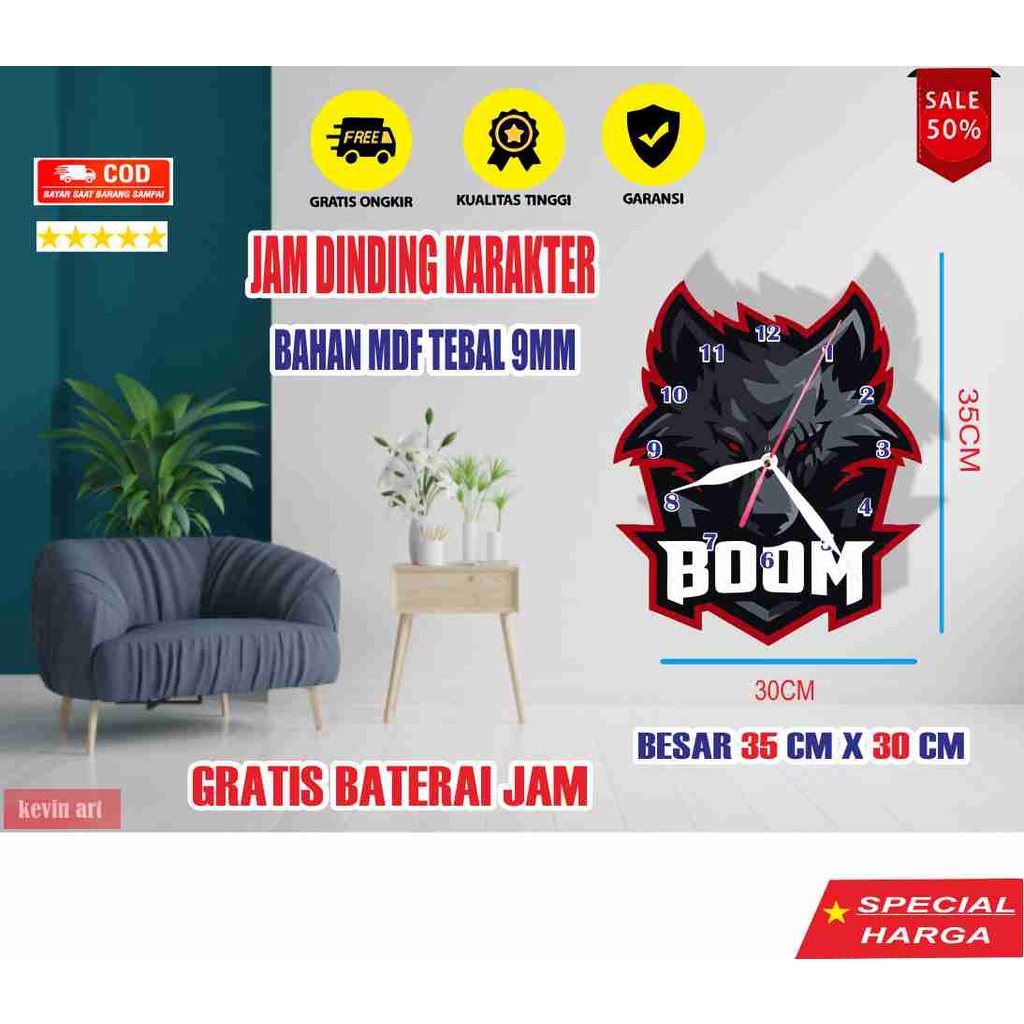 JAM DINDING UNIK BESAR 3D DEKORASI KAMAR KARAKTER LOGO BOOM ESPORTS KOLEKSI GAMERS TERBARU KEREN SOUVENIR CUSTOM