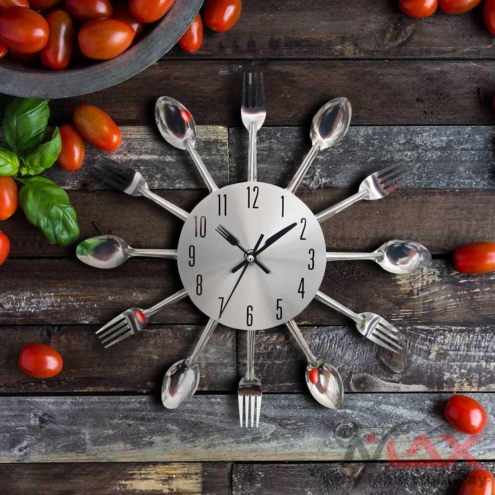 Jam Dinding 30cm tema Dapur sendok garpu asli dari metal untuk restoran cafe unik antik minimalis modern rumah makan 3D Creative Design Kuliner Sendok Garpu Stainless Steel Knife Fork Spoon Kitchen Restaurant Wall Clock Home Decoration Wall Clocks Tools