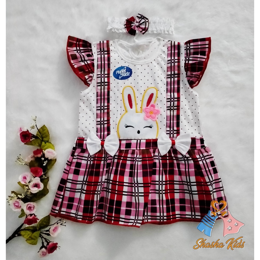 [S-016] Baju Bayi Perempuan/Dress Bayi  Perempuan Planet Kids Kelinci lucu  Murah   0-6 bln Bonus BANDANA