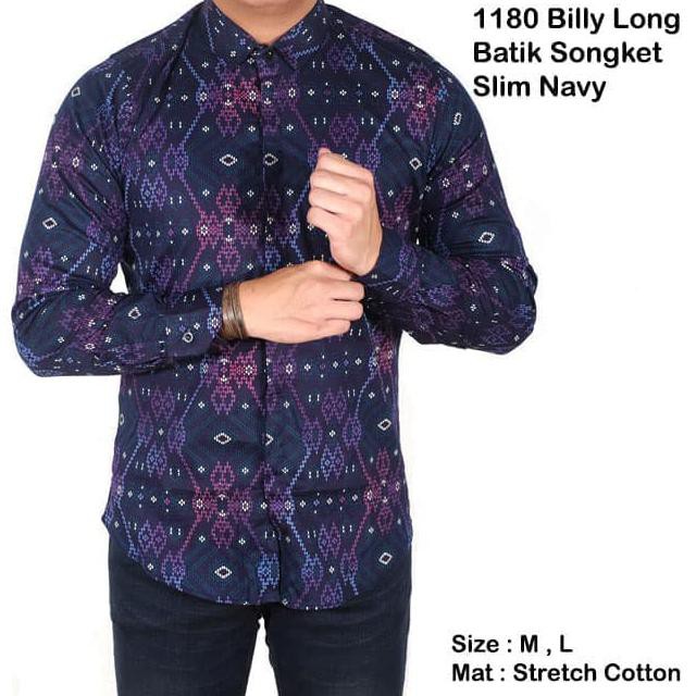 kemeja pria batik lengan panjang songket navy / batik modern pria - Navy, M