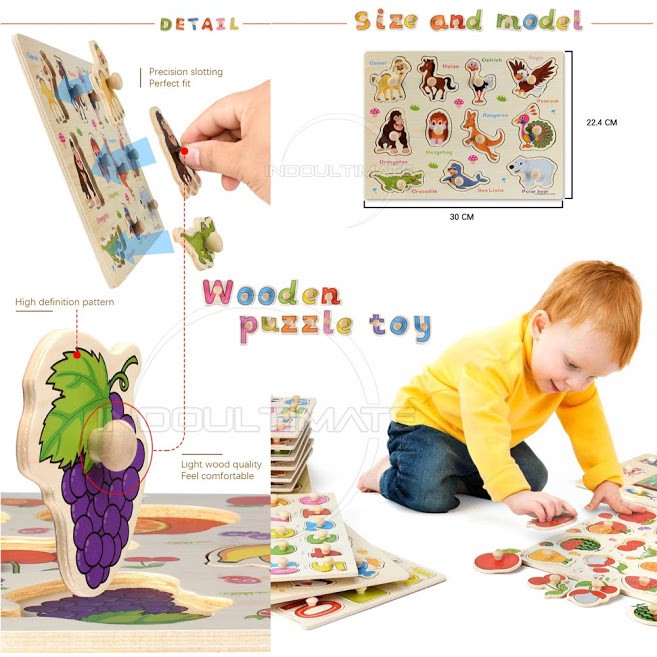 Puzzle Kayu mainan edukasi 3D KNOP kayu Gambar Hewan Puzzle game Animal Puzzle Toys Mainan Anak