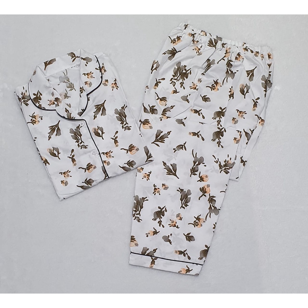 Baju Tidur Cewek Lengan Panjang Dan Lengan Pendek Motif Kotak Piyama Wanita Kekinian Pajamas Dewasa-CP MELATI PUTIH L