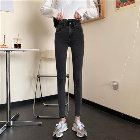 Suhao Retro Tinggi Pinggang Ketat Lurus Celana Jeans Wanita Musim Gugur Celana Kurus Slim Fit Burr C