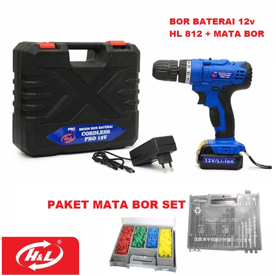 Paket Mesin Bor Baterai Cordless Drill H&amp;L HL812 + Mata Bor Set