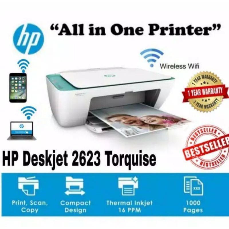 JUAL PRINTER SECOND / BEKAS MASIH BAGUS PRINTER HP DESKJET 2623 WIRELESS WIFI TORQUISE PRINT DARI HA