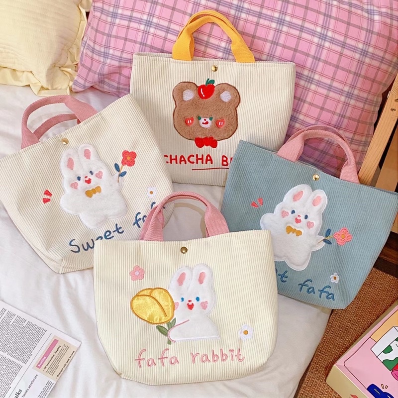 TAS TOTE BAG CANVAS MOTIF BORDIR BULU PREMIUM CUTE / TAS FASHION LUCU /TAS JINJING / TAS ANAK/ TAS TRAVELING/ TAS JALAN