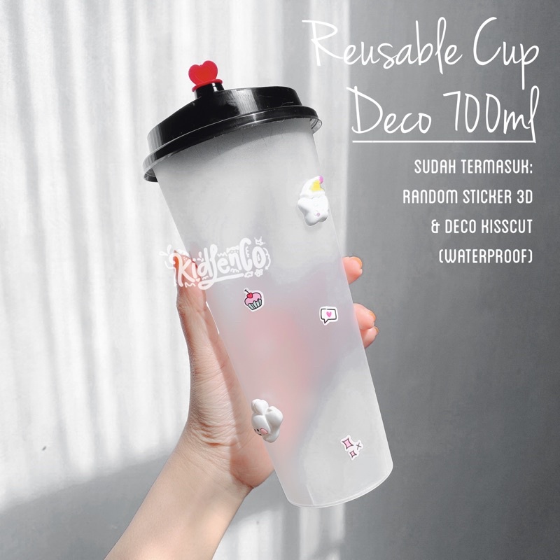 reusable cup deco 700 ml ♡ tempat minum transparan doff plastic plastik cute lucu tumbler botol tutup hitam 700ml 700 ml 22oz 22 oz stiker sticker deco dekorasi lucu