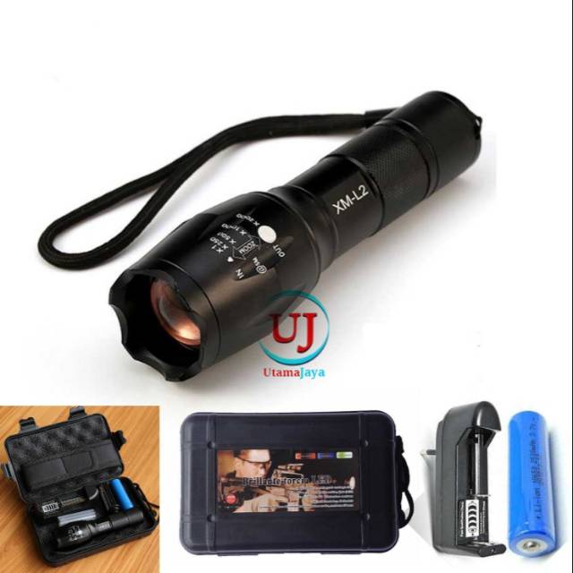 Paket Flashlight Cree XM-L2 + Baterai 18650 + Charger E17