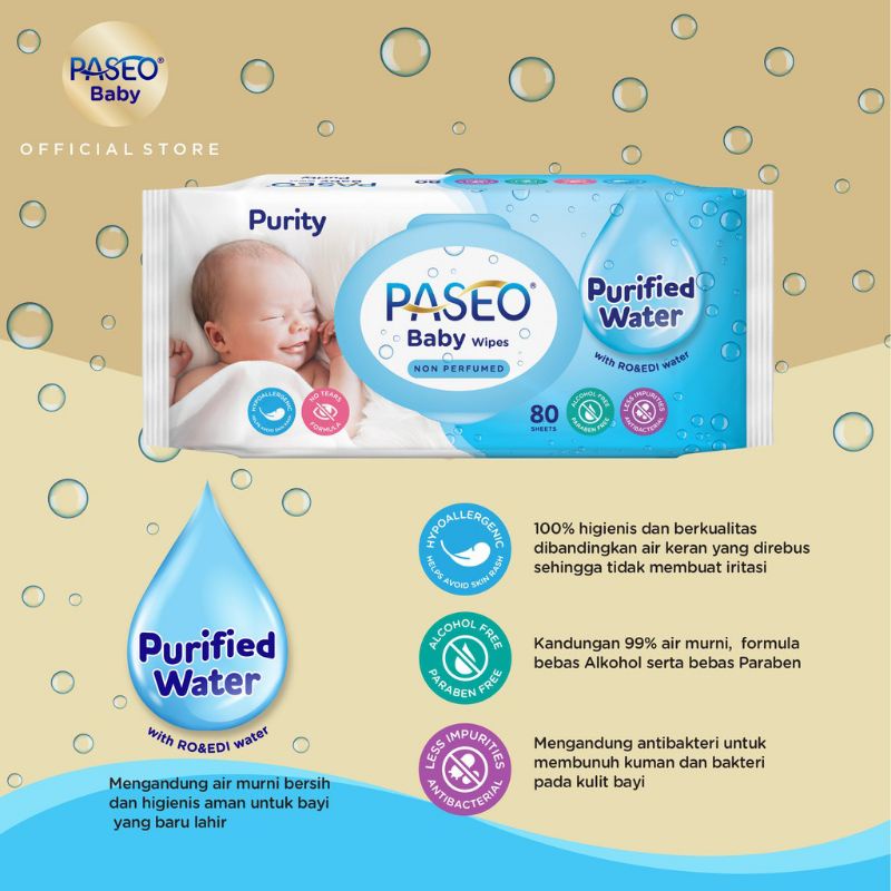 paseo baby wipes purity 80 sheets / tissue basah paseo non perfume