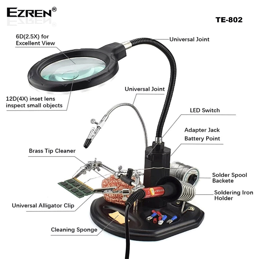 Ezren TE-802 Alat Pegangan Solder Helping Hand Kaca Pembesar