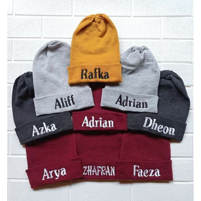Topi bayi rajut free bordir nama / topi nama bayi rajut/ Kupluk bayi nama