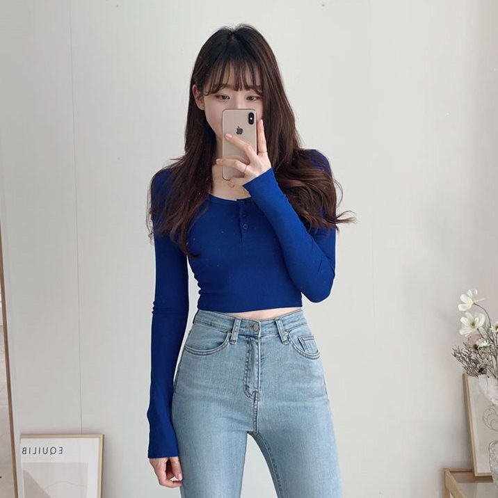 Suhao Versi Korea 2022 Musim Semi dan Musim Gugur Baru Seksi Slim Low-Cut Short Top Menunjukkan Tipis dan Slim Sosok Lengan Panjang Bottoming T-shirt Wanita