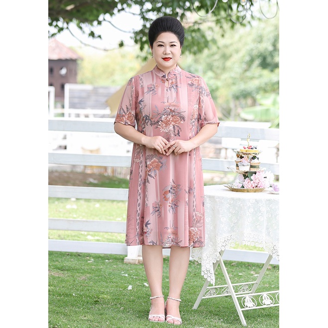 Gaun Pesta D22002 Cheongsam Pink Lengan Siku Big Size Party Dress Gown