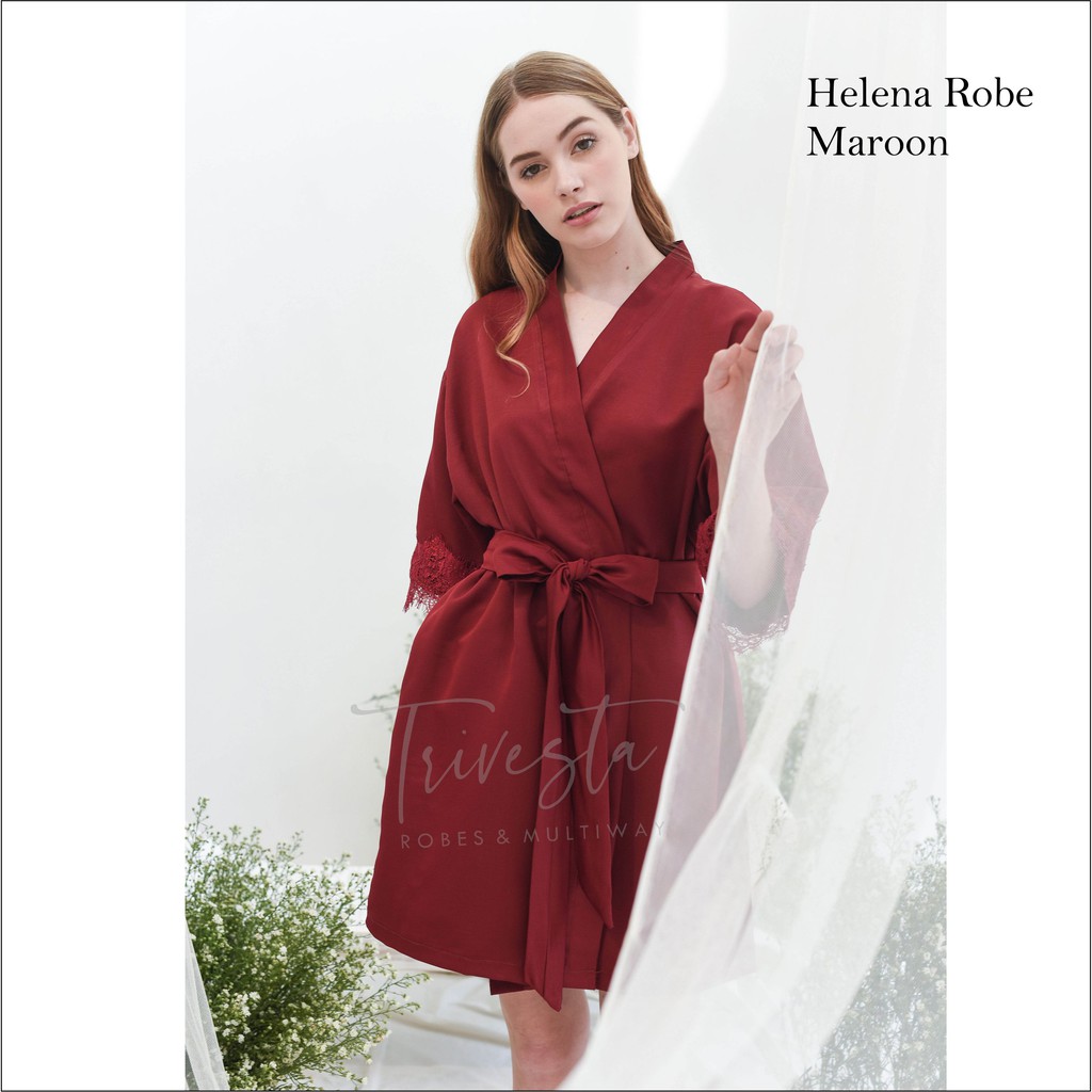 Helena Robe in Maroon - KIMONO PENGANTIN / BRIDESMAID SATIN  &amp; BROKAT  + FREE BORDIR (TULISAN BEBAS)