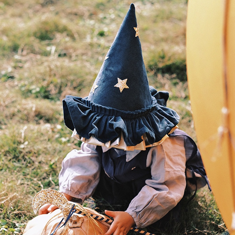 Topi Penyihir Desain Bintang Dan Bulan Warna Biru Untuk Cosplay Halloween