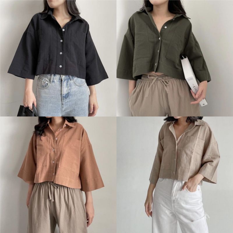 Kemeja Crop Pocket Linen Lengan 3/4