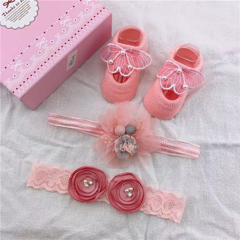 Kado Bayi Baru Lahir Hampers Newborn Bandana Kaos Kaki Bayi Lucu / Giftset Bandana Kaos Kaki Newborn-4