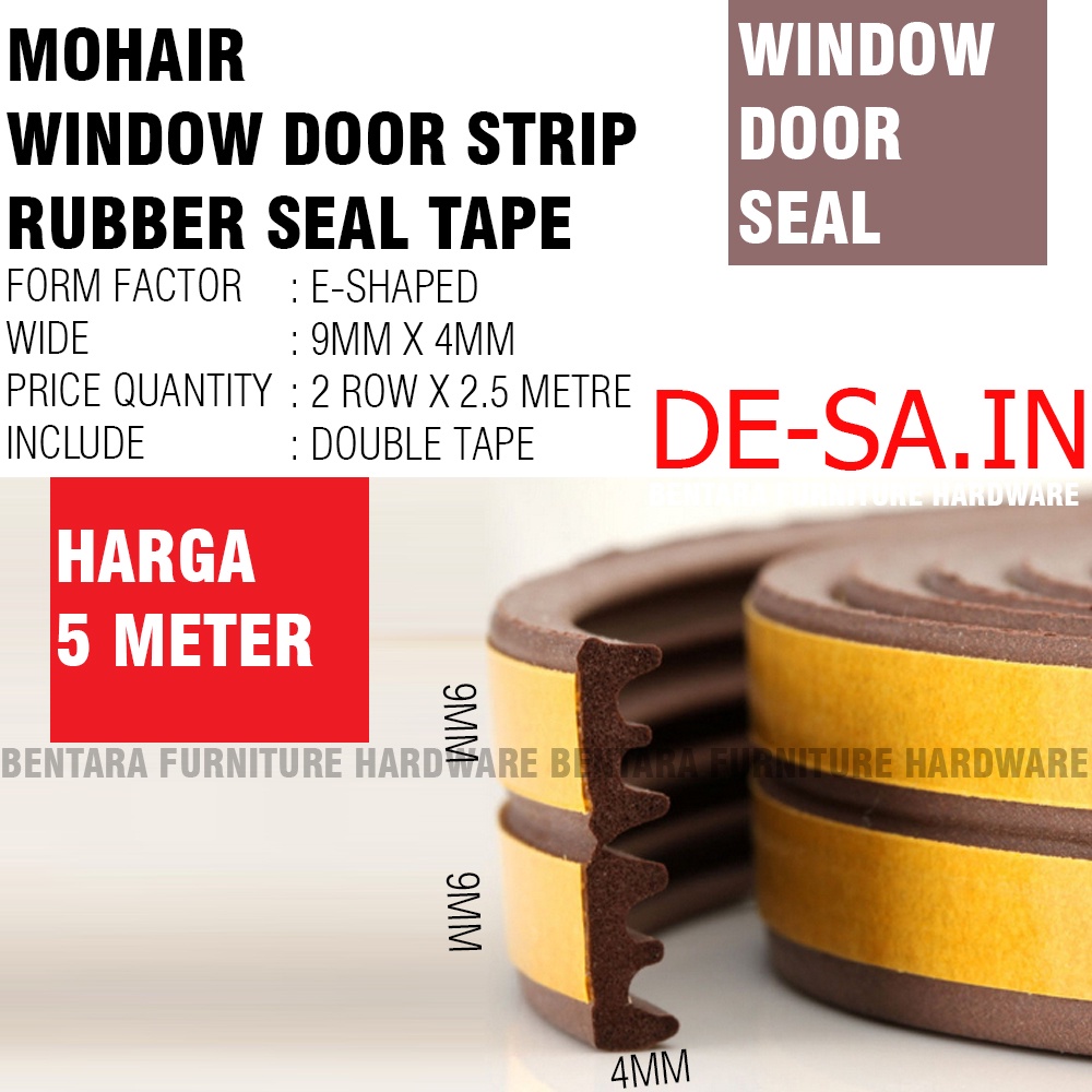 5 METER TIPE-E Moher Window Door Seal Strip COKLAT BROWN Mohair Karet Double Tape Self Adhesive Celah Pintu Jendela EPDM FOAM RUBBER