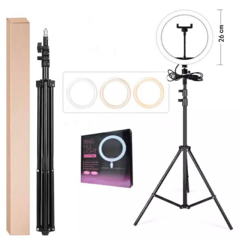 1 SET TRIPOD RING LIGHT 2M + STAND RINGLIGHT 26 CM LAMPU SELFIE HP SMARTPHONE LIVE VLOGING Dimmable Phone Holder Selfie Makeup Live Streaming YouTube Ringlight Lampu Bundar Besar