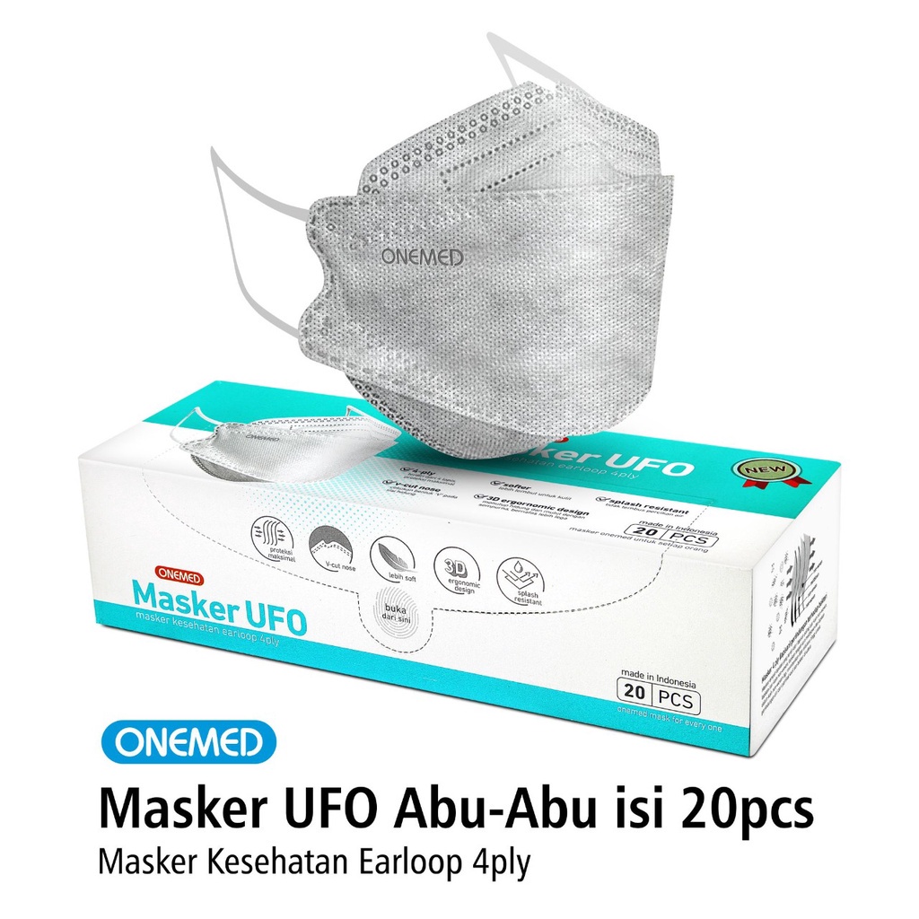 Masker Karet Medis UFO Abu 3D OneMed 4ply Box isi 20pcs