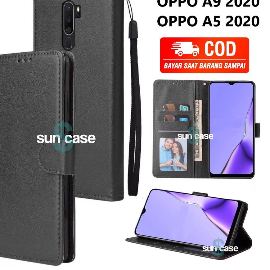 Casing OPPO A9 2020 / A5 2020 model flip buka tutup case kulit ada tempat foto dan kartu juga tali h