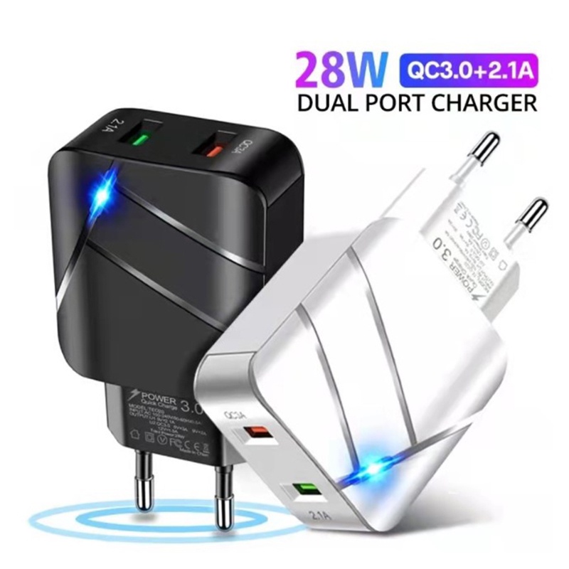 Charger Dual USB 28W Dengan Lampu Qc3.0 + 2.1A Plug US / EU