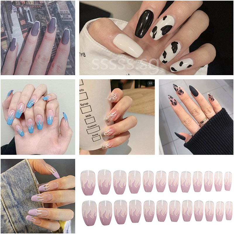 24pcs/set Dilepas Api Panjang Tips Kuku Palsu Penuh Nail Art Tip Kecantikan Buatan Palsu Perancis Stick on Nails Tools