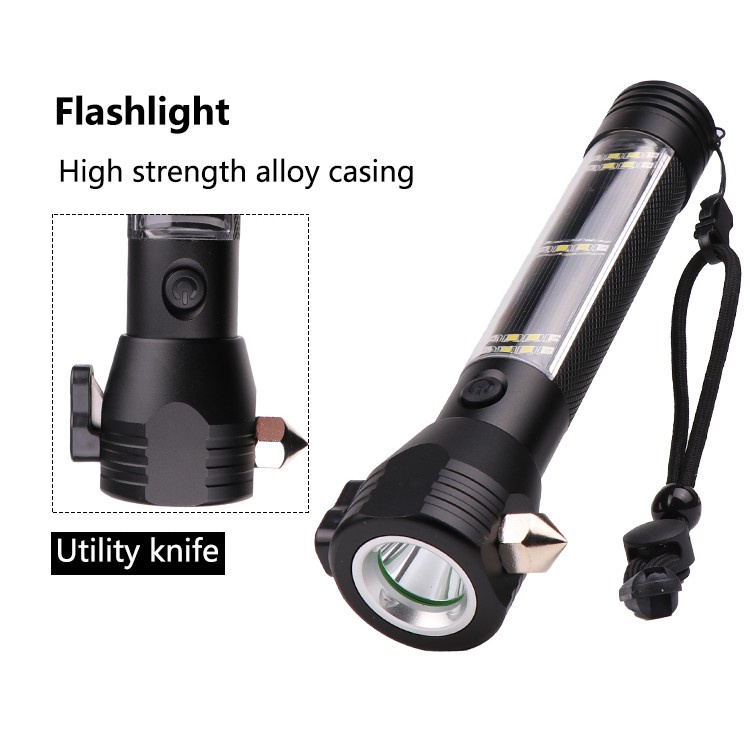 [100% ORIGINAL]Solar Senter LED Powered Torch Flashlight USB Rechargeable LED Torch Multi Function Outdoor LED Car Flashlight Ultra Bright Torch Light with Safety Hammer, Seat Belt Cutter and Compass Multi-functional