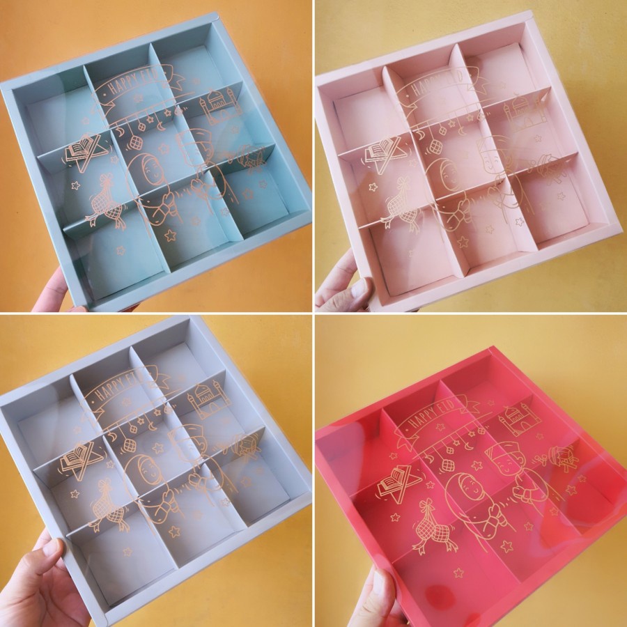 

( 5 Pcs ) Box Mika Eid Mubarak Dus Parcel Lebaran Kotak Sekat 9 Packaging Hampers Idul Fitri Warna Merah Hijau Abu Putih Pink