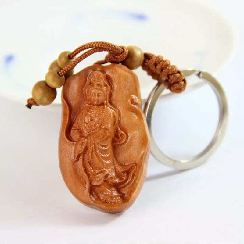 Tibet Dewi Kwan Yin Gantungan Kunci Kayu Ukiran