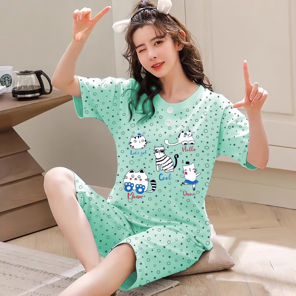 Lilipop.id  Baju Tidur Wanita 3/4 ALL SIZE STANDAR Cat Setelan Piyama BabyDoll Kaos Celana Pendek