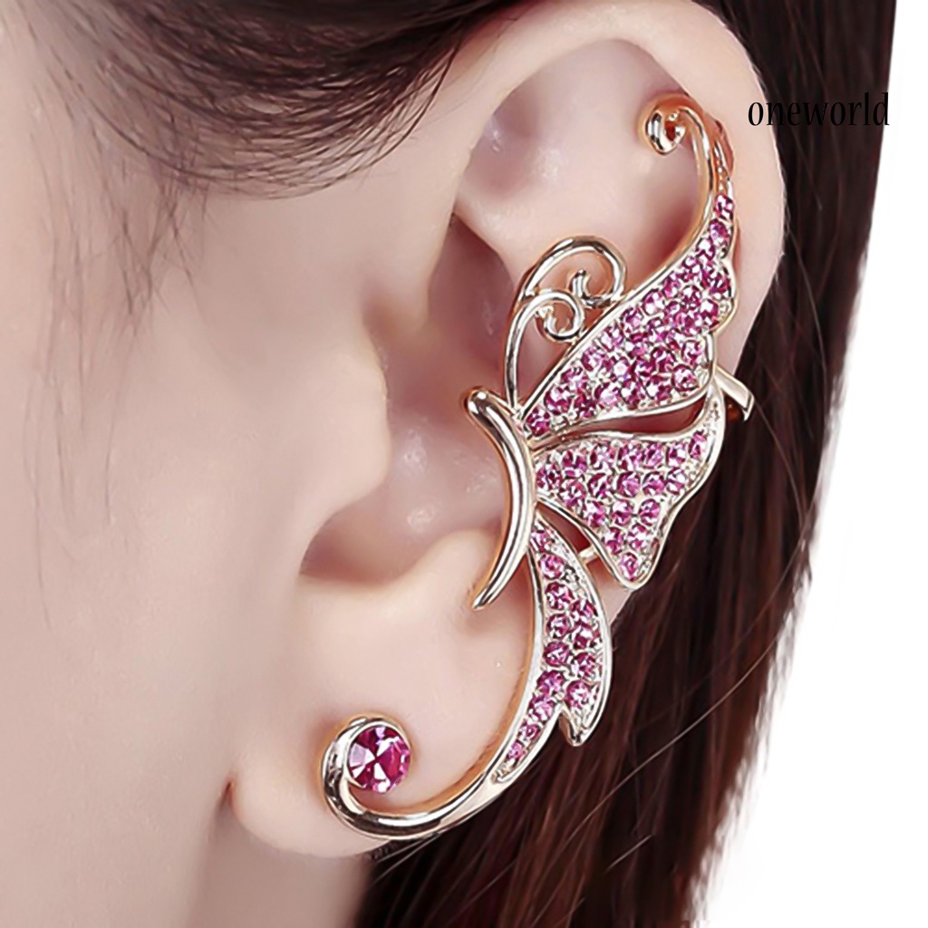 OW@ 1Pc Ear Cuff Butterfly Wing Shape Rhinestone Inlaid Women Fashion Wrap Earring for Party