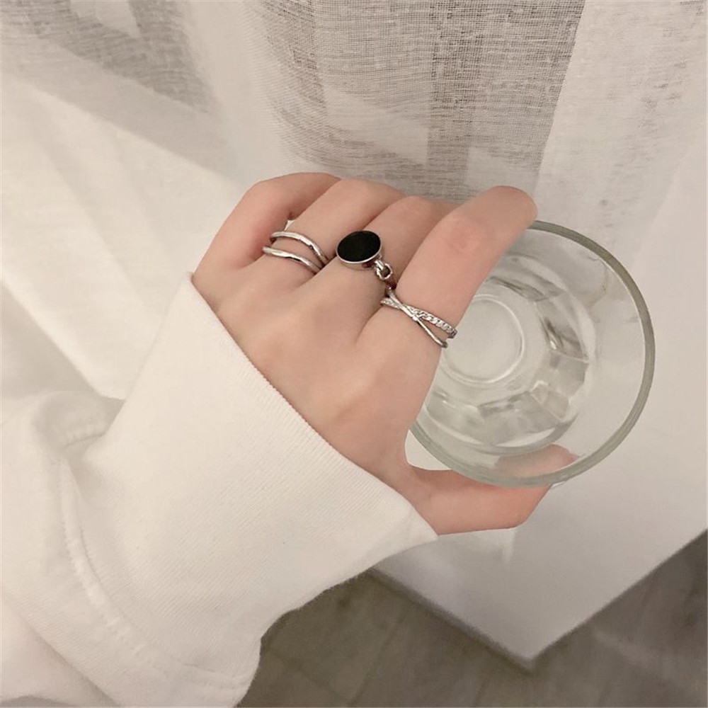 3pcs Set Korean Fashion Design Cincin Ukuran Terbuka Dapat Disesuaikan untuk Wanita dan Pria