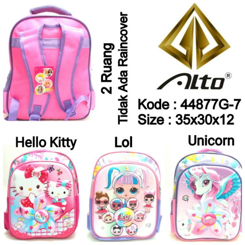 TAS RANSEL SEKOLAH ANAK PEREMPUAN TK ORIGINAL BY ALTO 44877G-7 TIDAK ADA RAINCOVER MOTIF HELLO KITTY LOL UNICORN TERBARU