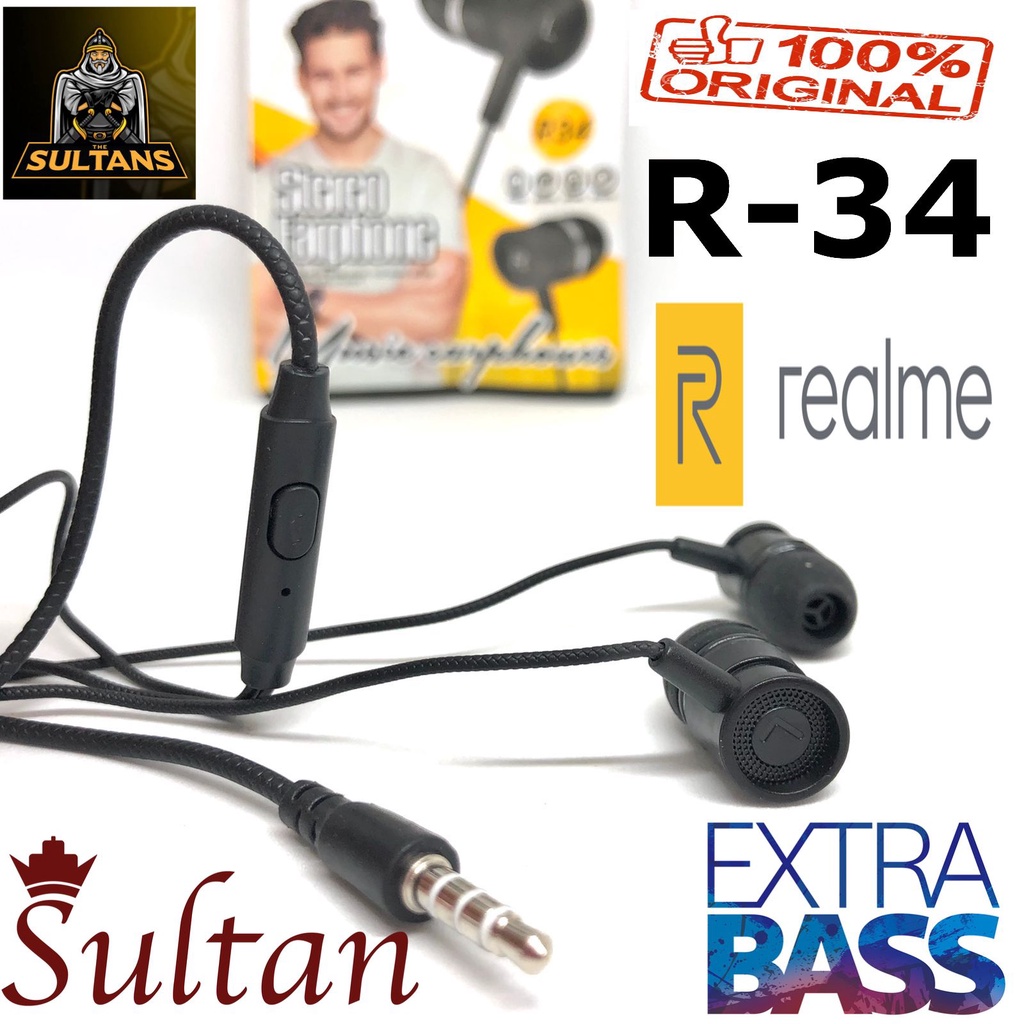 GROSIR Handsfree Realme Buds R-34 Music Earphone Headset Bass R34 Microphone bisa telepon