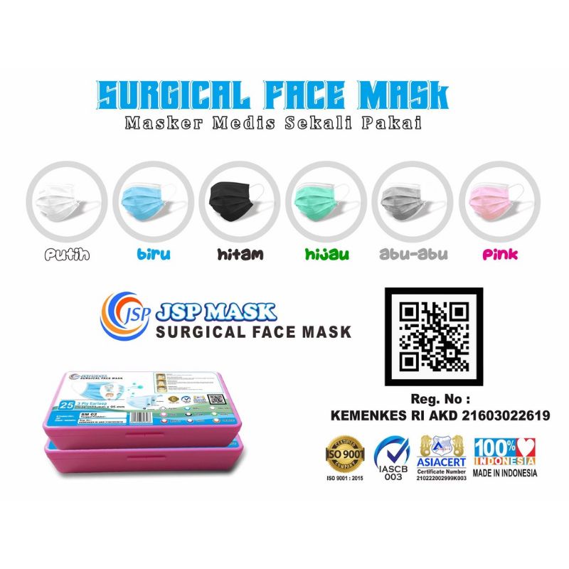 JSP earloop surgical mask 25 pcs free konecktor dan kotak masker