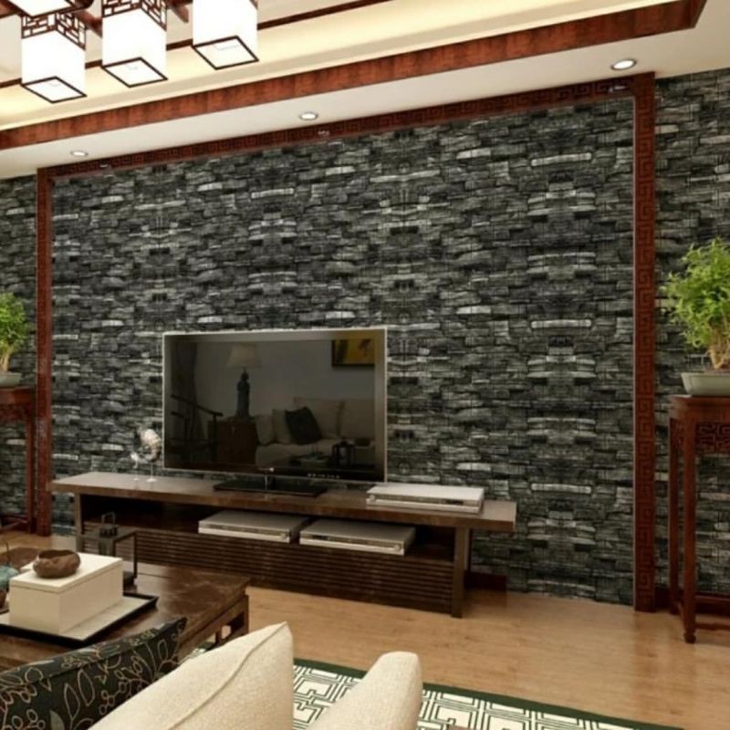 wallpaper sticker foam premium motif batu alam hitam abu permukaan timbul