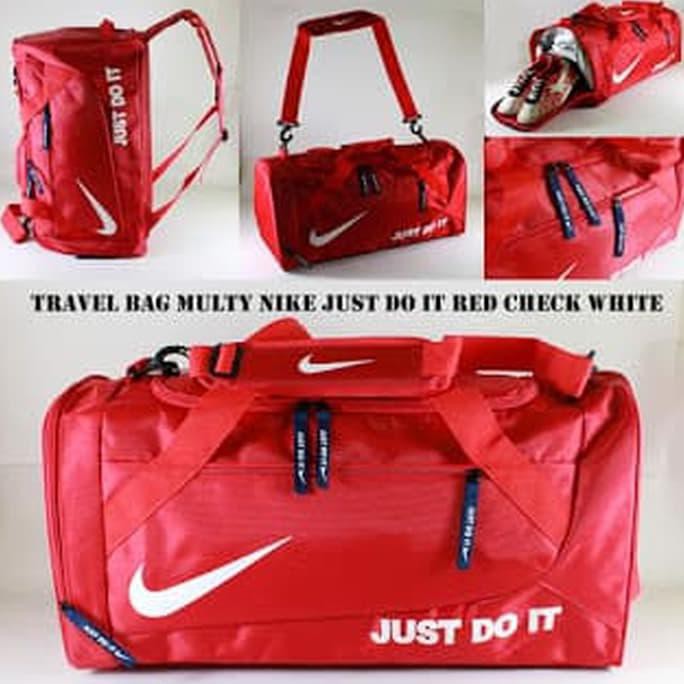 Travelbag Nike Just Do It Full Merah Check White Tas Gym Olahraga Bola