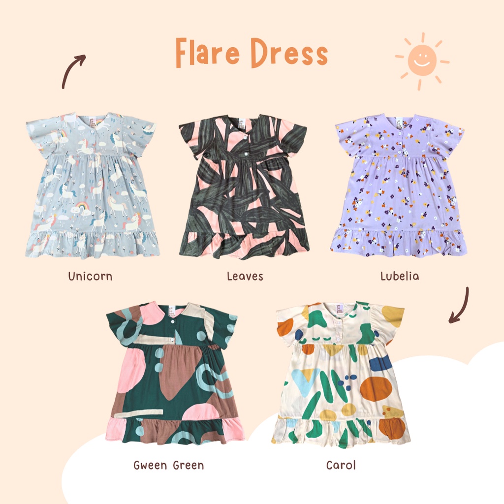 Yobebee Flare Dress Rayon Anak Perempuan Usia 2 3 4 6 7 Tahun Baju Blouse Korea Gaun Babydoll Daster Kids Motif Bunga Karakter Katun Lembut Model Baju Casual Harian Main Santai Anak Cewek