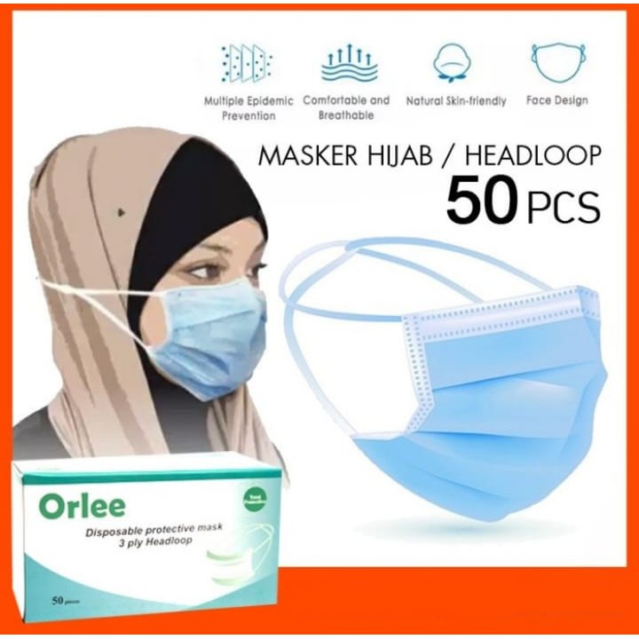 Masker Medis Hijab Headloop/Earloop Orlee 3Ply | Surgery Mask @50pcs