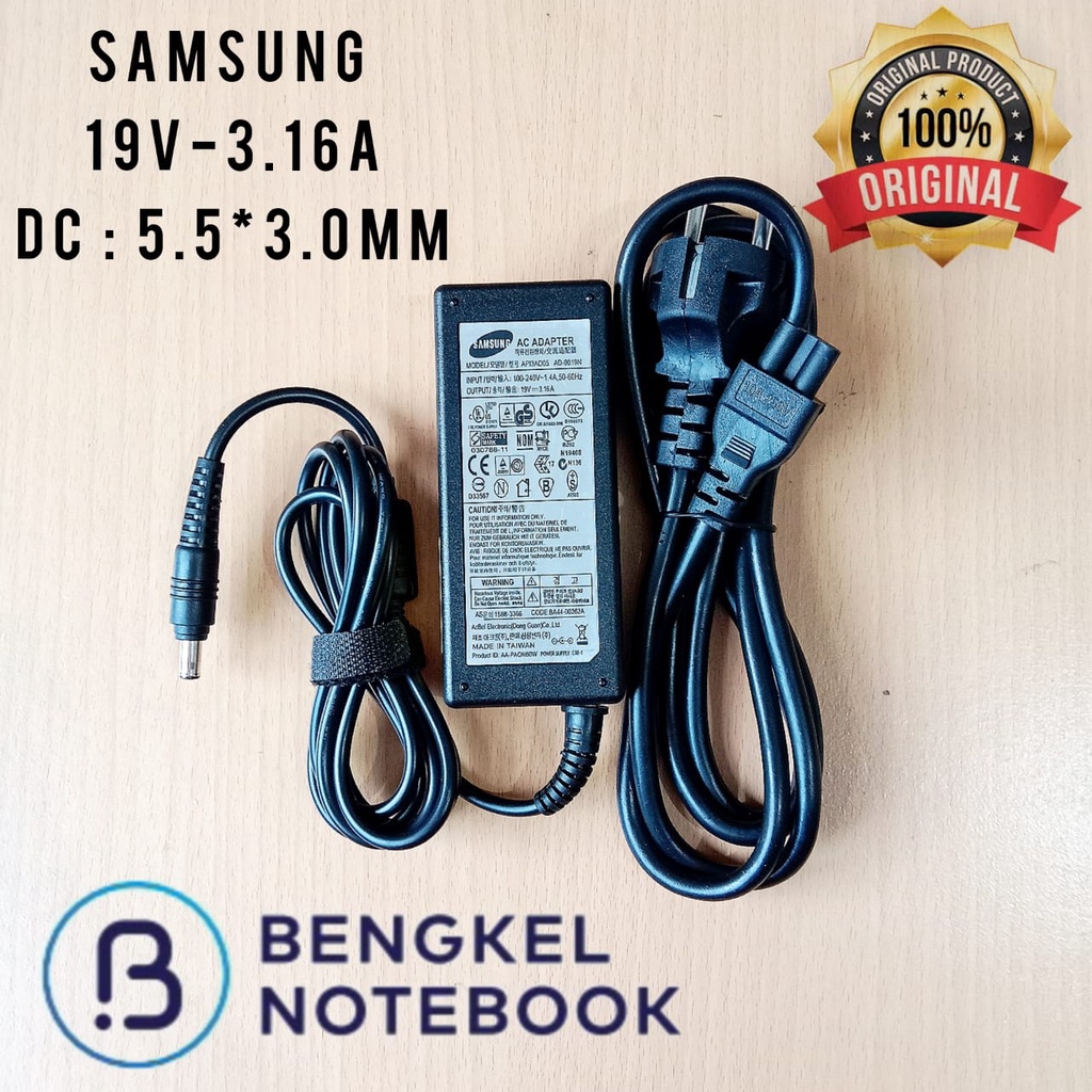 Adaptor Charger Laptop Samsung 19v - 3.16a (PIN) DC.5.5x3.0MM Samsung NC108 NC108P N100 N148 N128 N125 NC110 NC111 SAMSUNG NP355 NP355V4X NP350 NP270 NP275 R428 R429 19V 3.16A