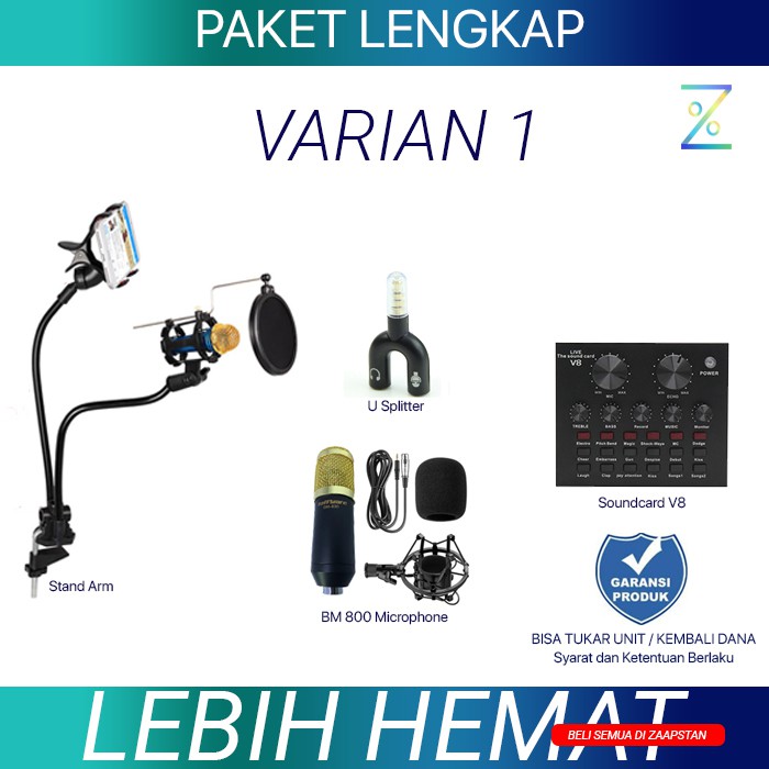 PAKET MIC STREAMING KARAOKE RECORDING, Mic BM 800, Pop Filter, Arm Stand, Holder HP, V8 Soundcard