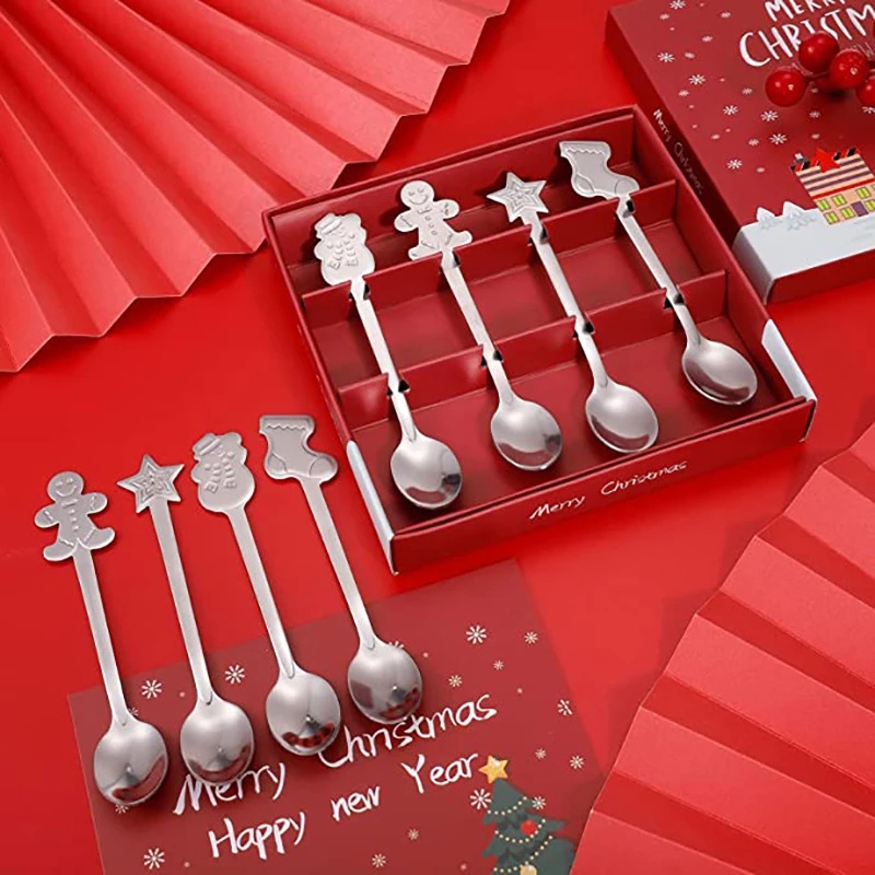 4pcs / set Sendok Dessert Kopi Bentuk Pohon Natal Snowman Bahan Stainless Steel